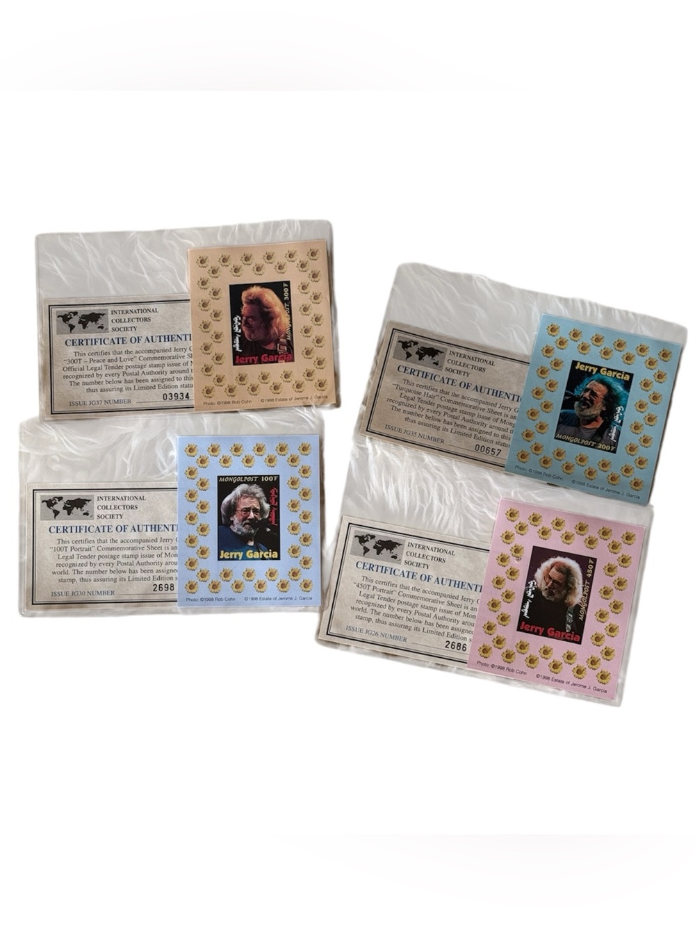 Grateful Dead Collector Stamp Set of 4 w CAO Jerry Garcia Hippie mongolpost 1998